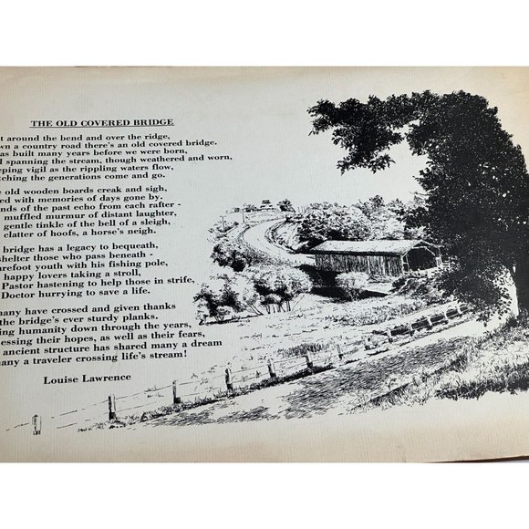 Louise Lawrence Poem The Old Covered Bridge Sketch Drawing Unframed Vintage - Picture 3 of 6